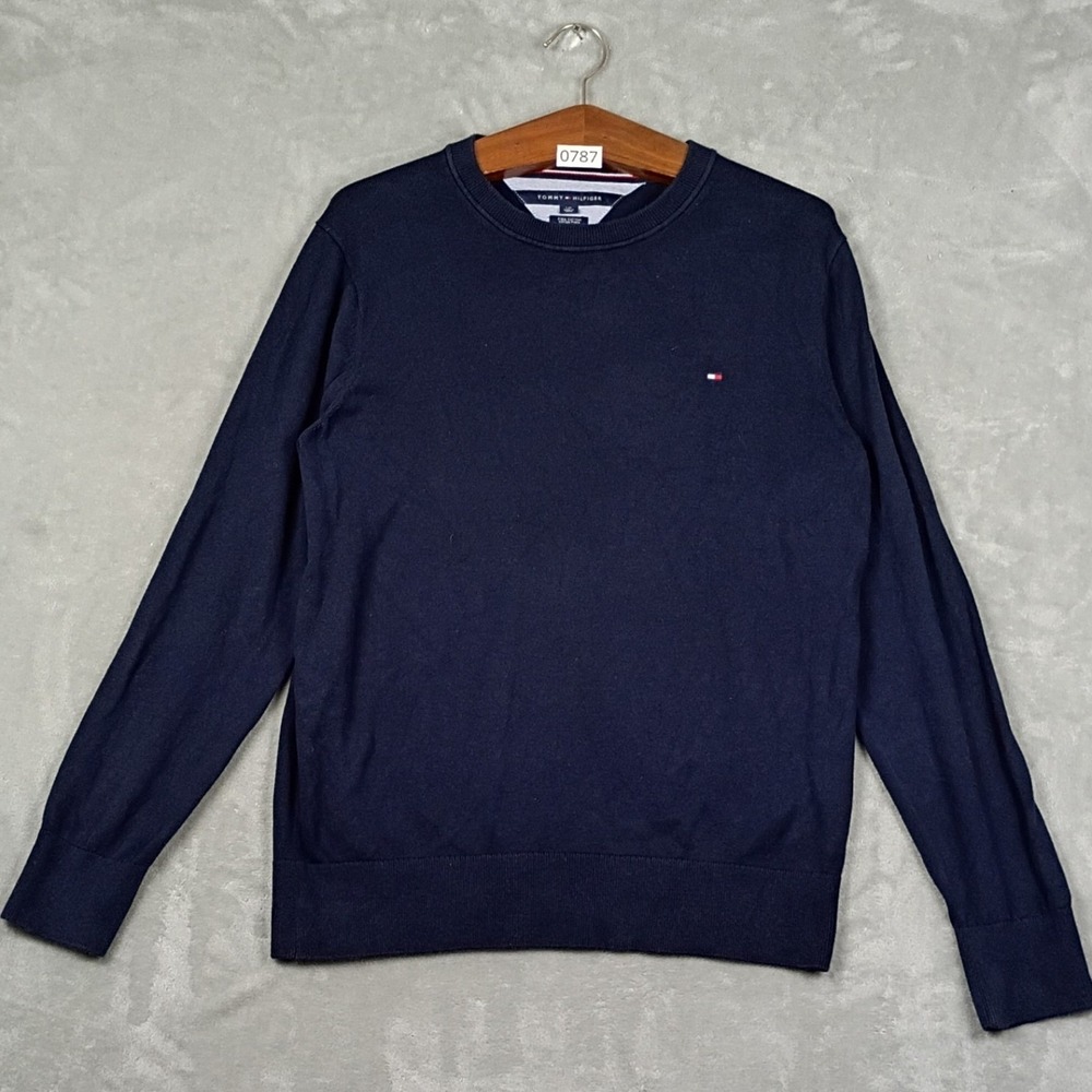 Tommy Hilfiger Sweater Mens L Navy Blue Pima Cotton Crewneck Pullover Preppy